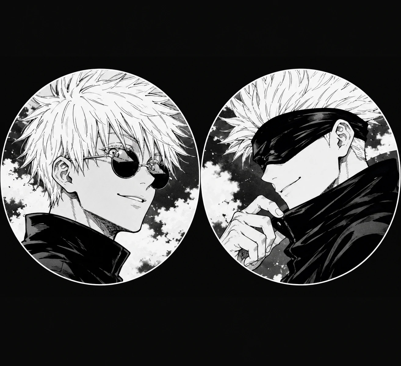 Black and white matching Gojo pfp duo with balanced manga-style portrait pair