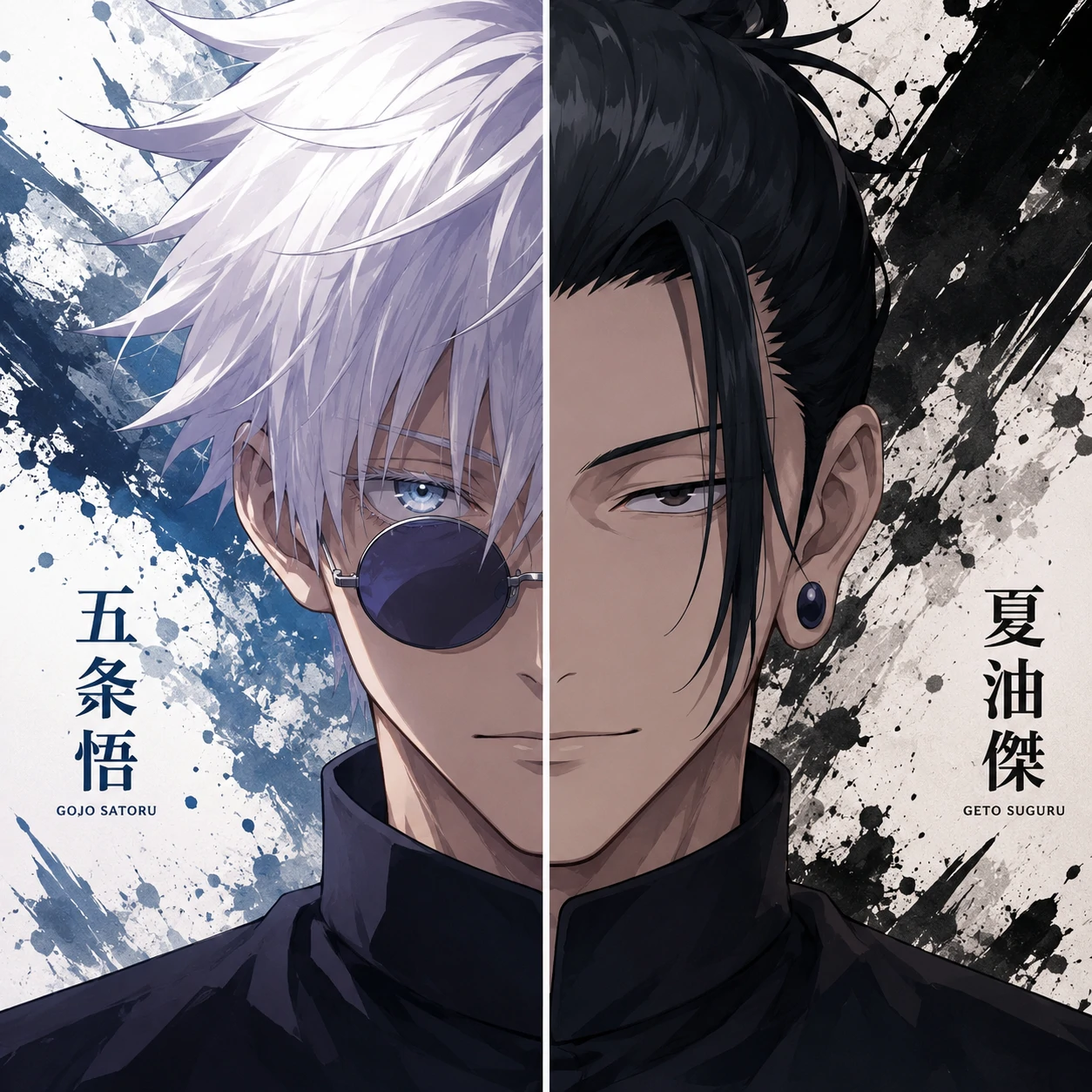 Matching Gojo and Geto pfp set with split anime portraits for duo icons