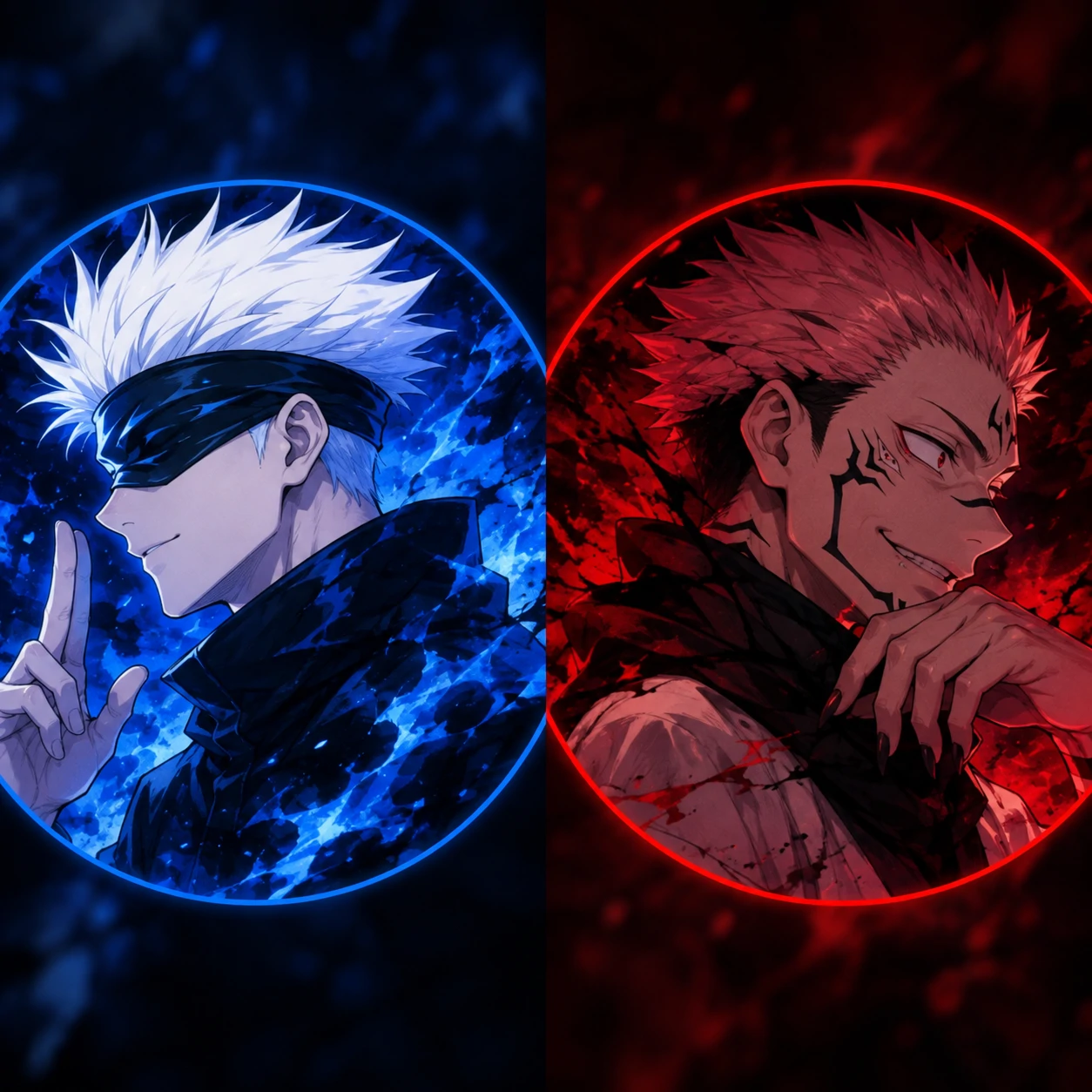 Matching Gojo and Sukuna profile icons with contrasting blue and red tones