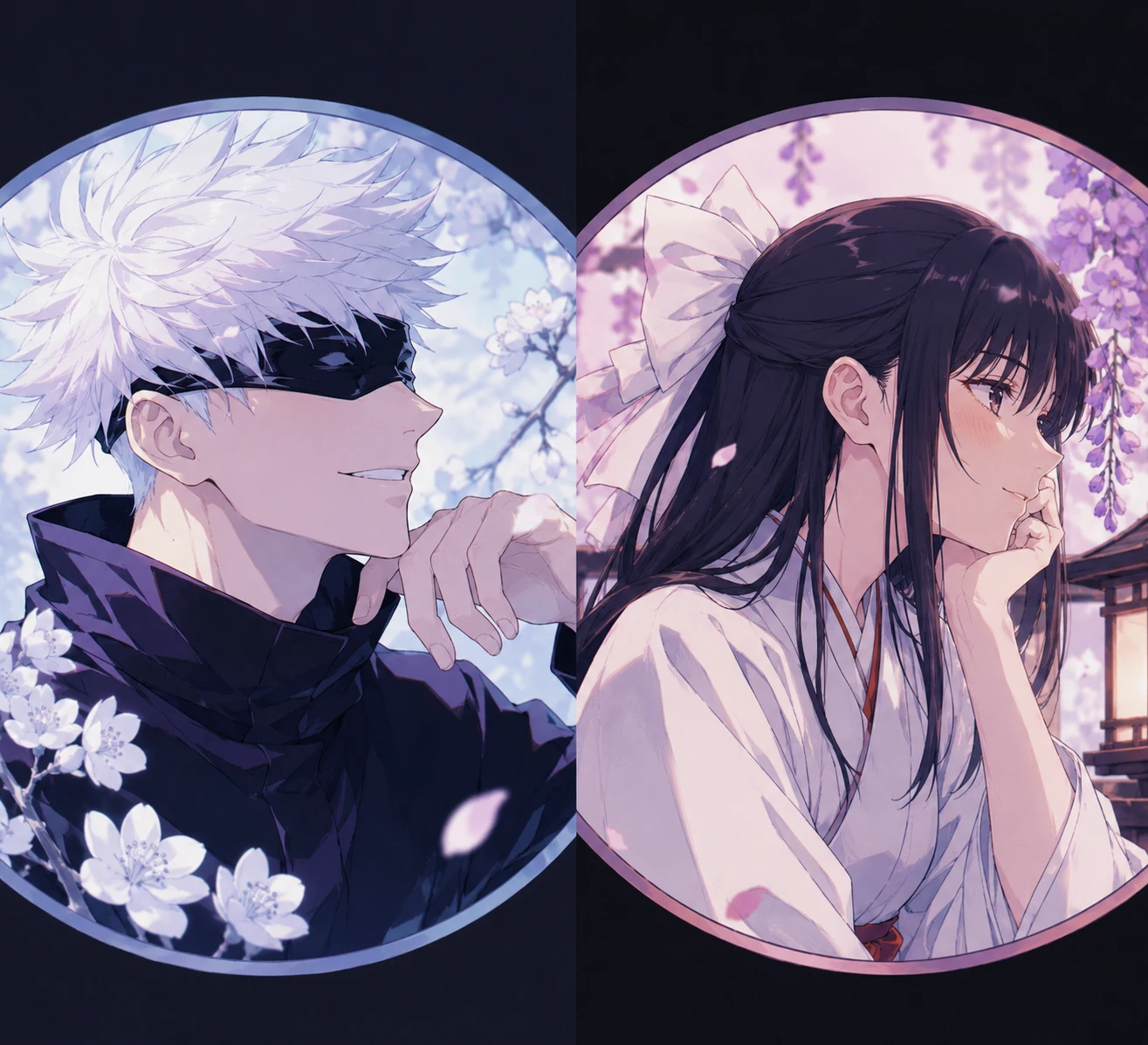 Matching Gojo and Utahime icons with complementary anime framing and soft colors