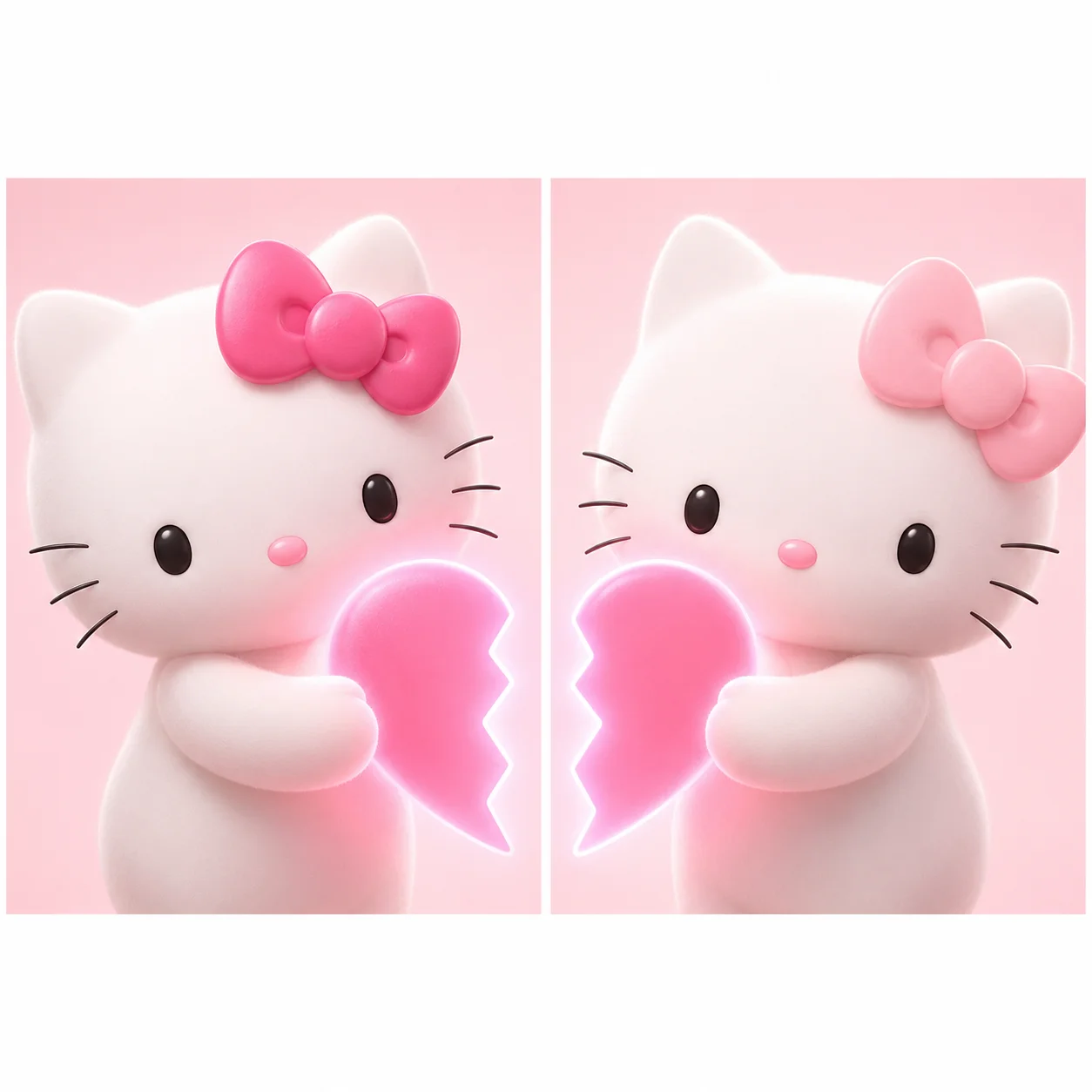 Matching hello kitty pfp duo holding pink heart halves for romantic profile picture