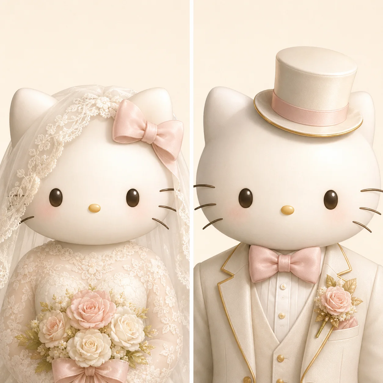 Matching wedding hello kitty pfp duo with veil and tux for committed couple profile