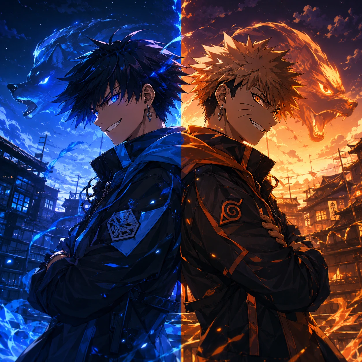Matching anime boy PFPs of two best friends standing back to back