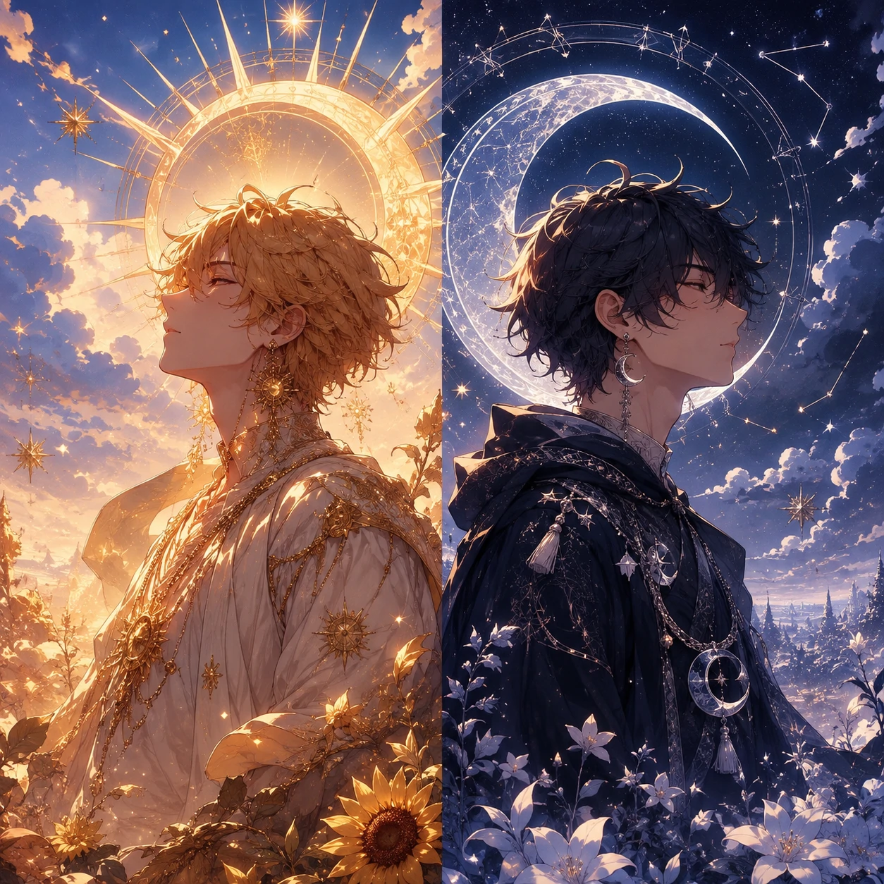 Sun and moon themed matching anime boy PFP aesthetic set