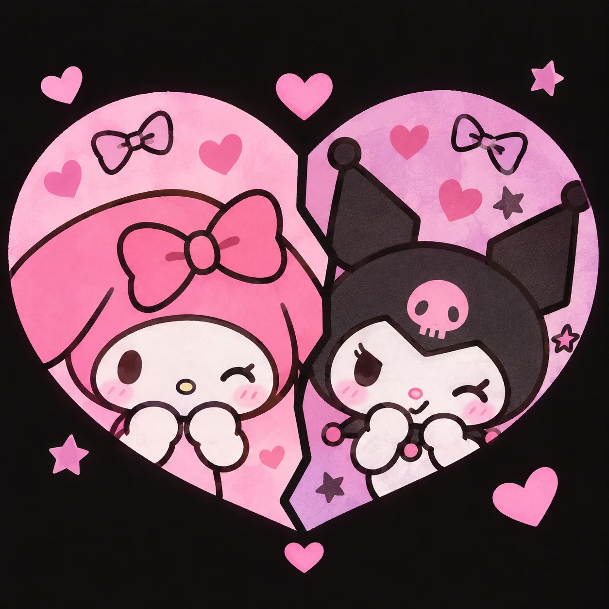 Matching My Melody and Kuromi PFP with heart split layout and pink black tones