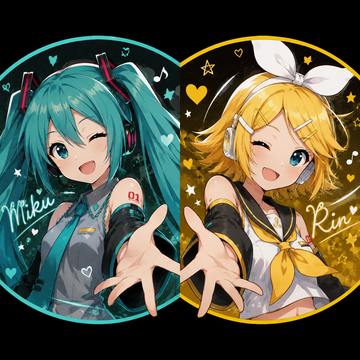 Matching Miku and Rin pfp pair with complementary colors and cheerful anime poses