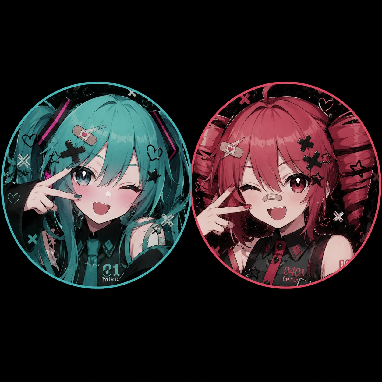 Matching Miku and Teto profile pictures with playful expressions and balanced anime crops