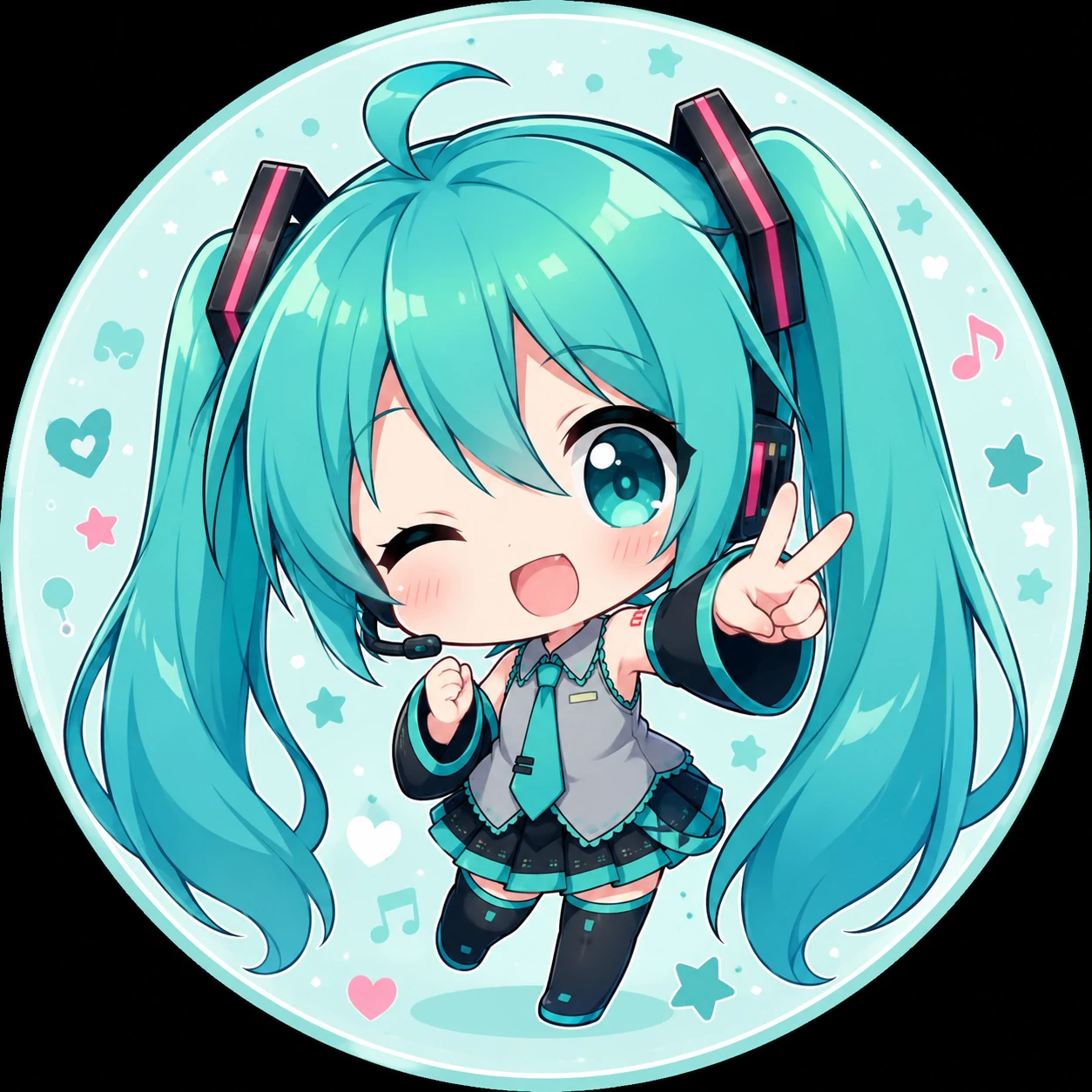 Chibi Miku pfp with oversized eyes, tiny pose, and bright teal anime hair