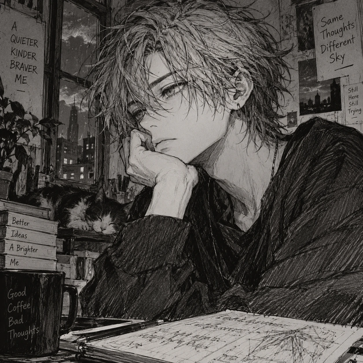 Monochrome anime boy PFP in rough pencil sketch ink style