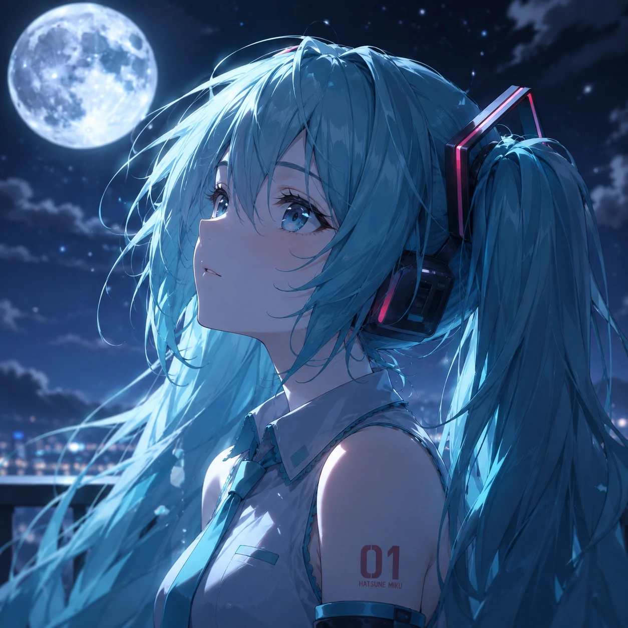 Aesthetic Miku pfp under moonlight with glowing teal hair and serene expression