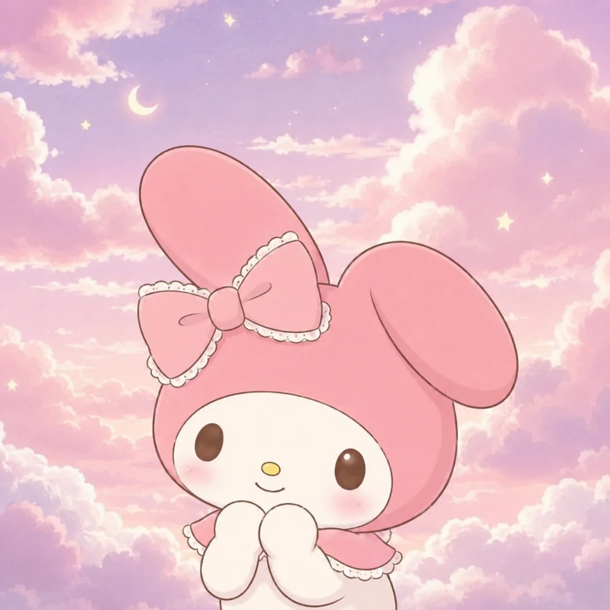 Aesthetic My Melody profile picture with cloudy pastel sky and gentle expression