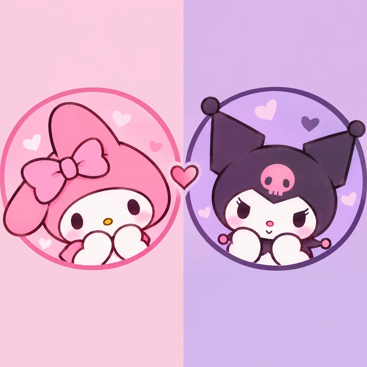 My Melody and Kuromi matching PFP duo with soft pastel and dark contrast