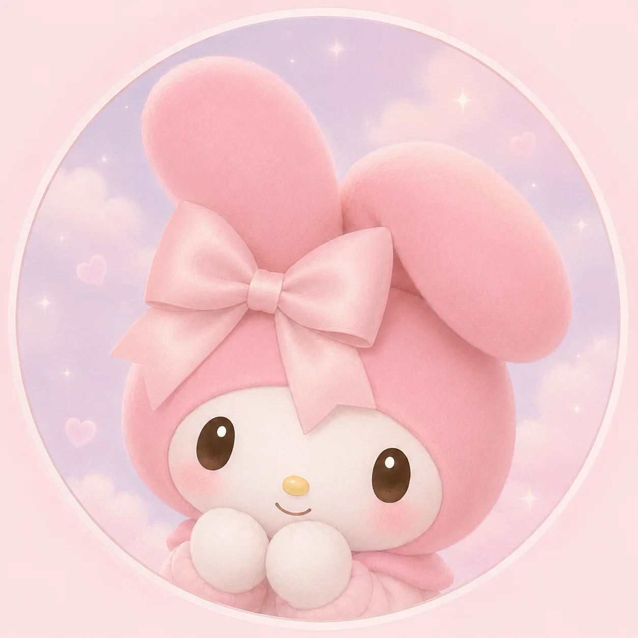 Soft pastel My Melody PFP with blush pink hood and dreamy background