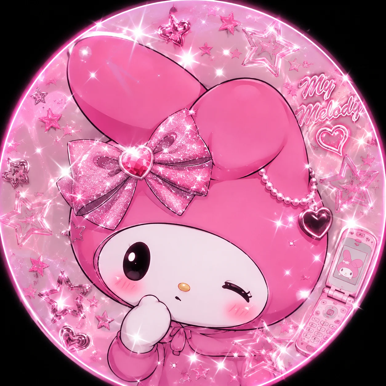 My Melody Y2K PFP with glitter stars, glossy shine, and pink sparkles