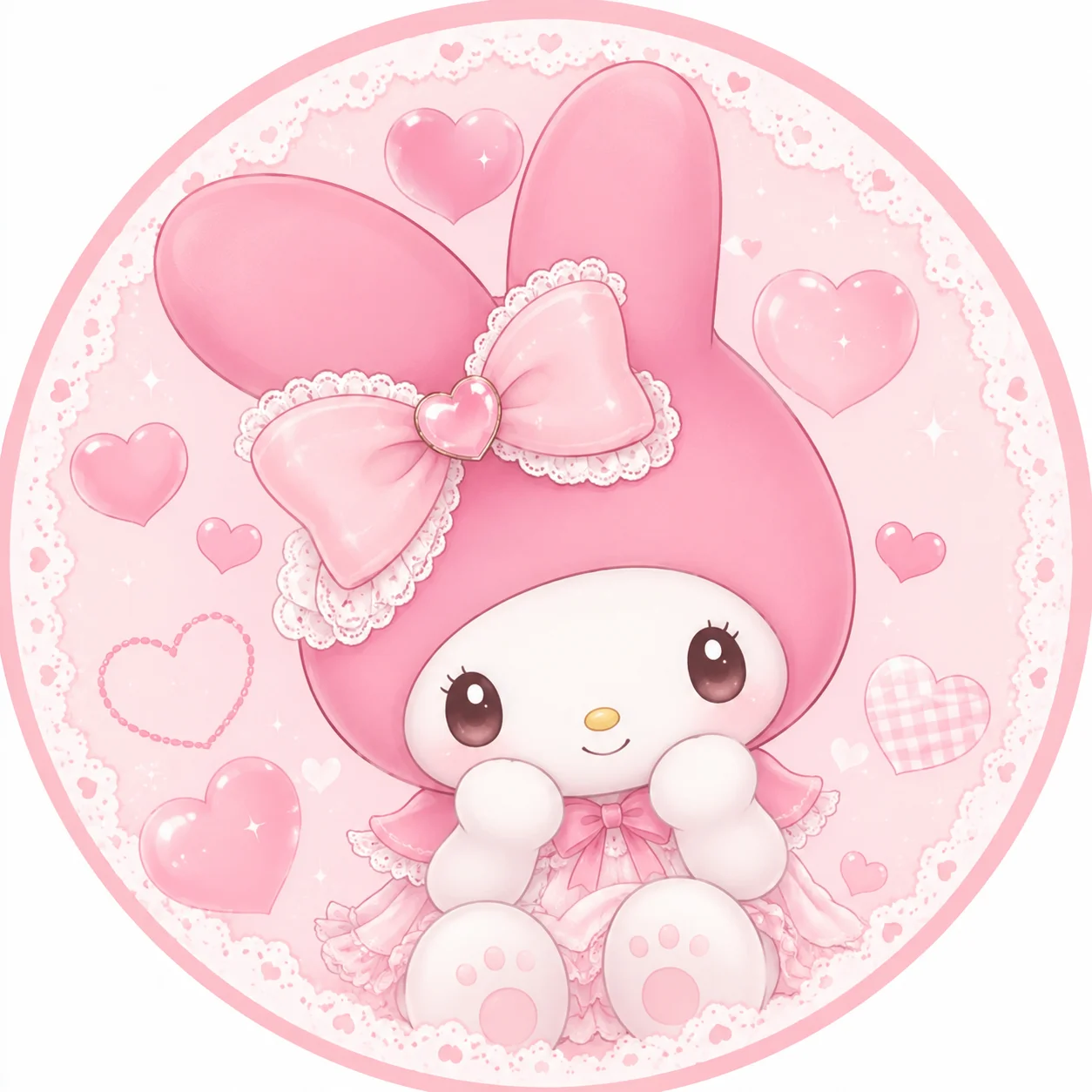 My Melody Pinterest icon with bow detail, soft hearts, and cute pink palette
