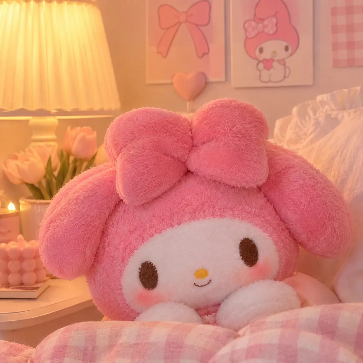 My Melody plush profile picture with pastel bedside setting and cozy lighting
