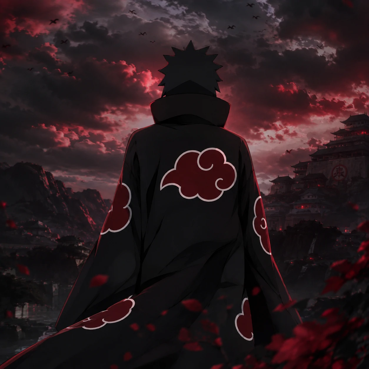 Akatsuki cloak back-view PFP showing red clouds and shoulder detail