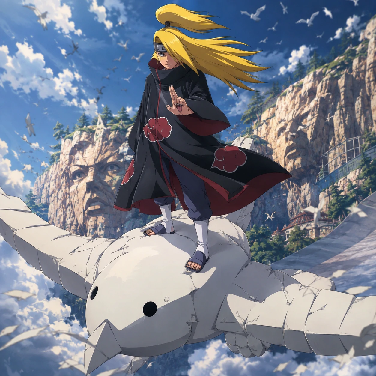 Deidara Akatsuki PFP standing on a white clay bird with wind-blown hair