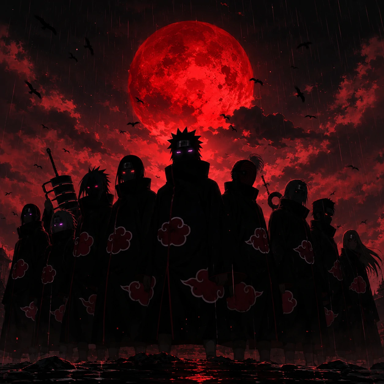 Naruto Akatsuki group PFP lineup with cloud-cloak silhouettes and glowing eyes