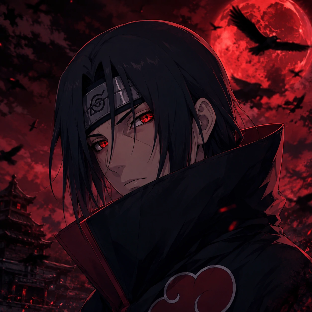 Akatsuki Itachi Uchiha PFP with Sharingan eyes and cloud-cloak collar