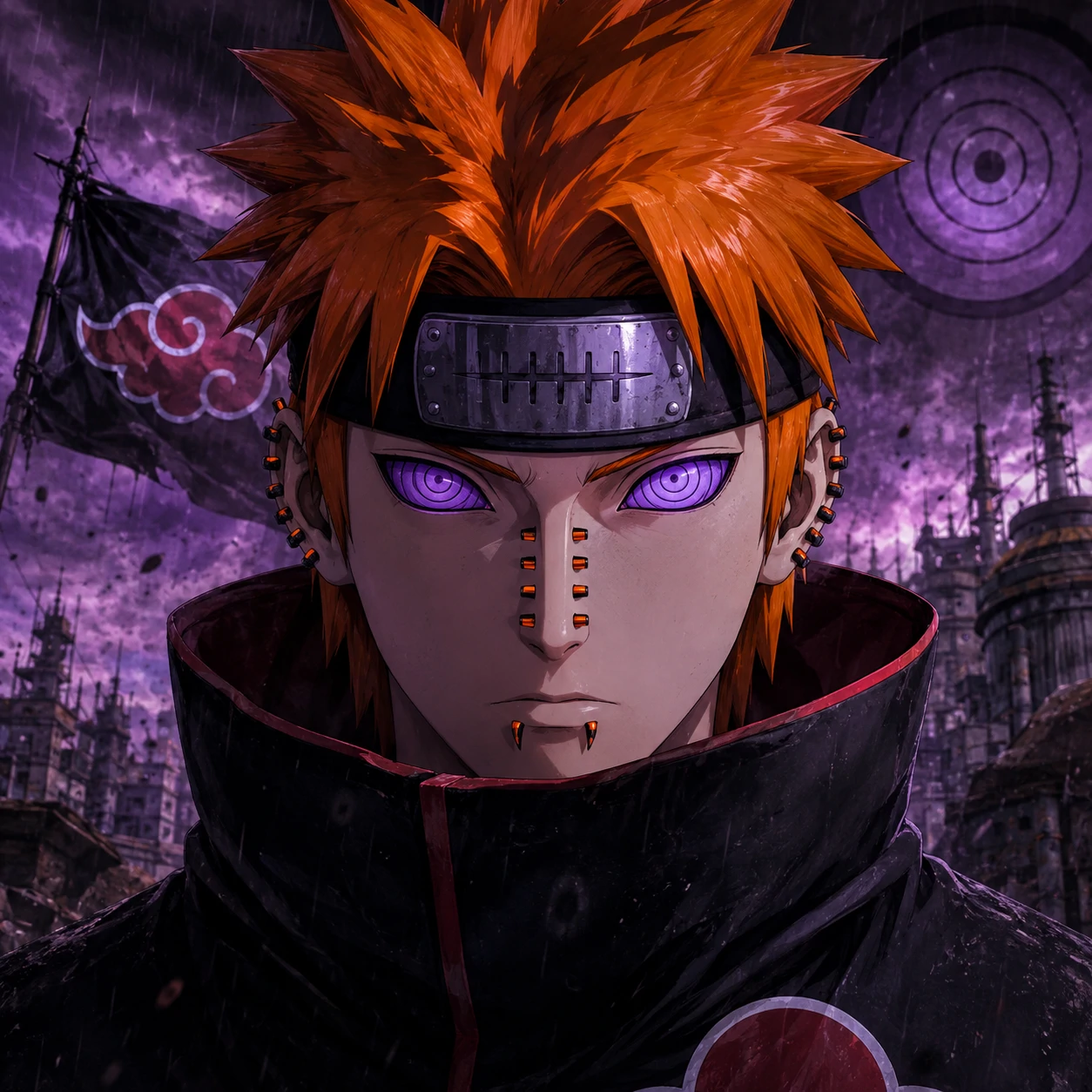 Pain Akatsuki PFP with purple Rinnegan eyes and orange piercings