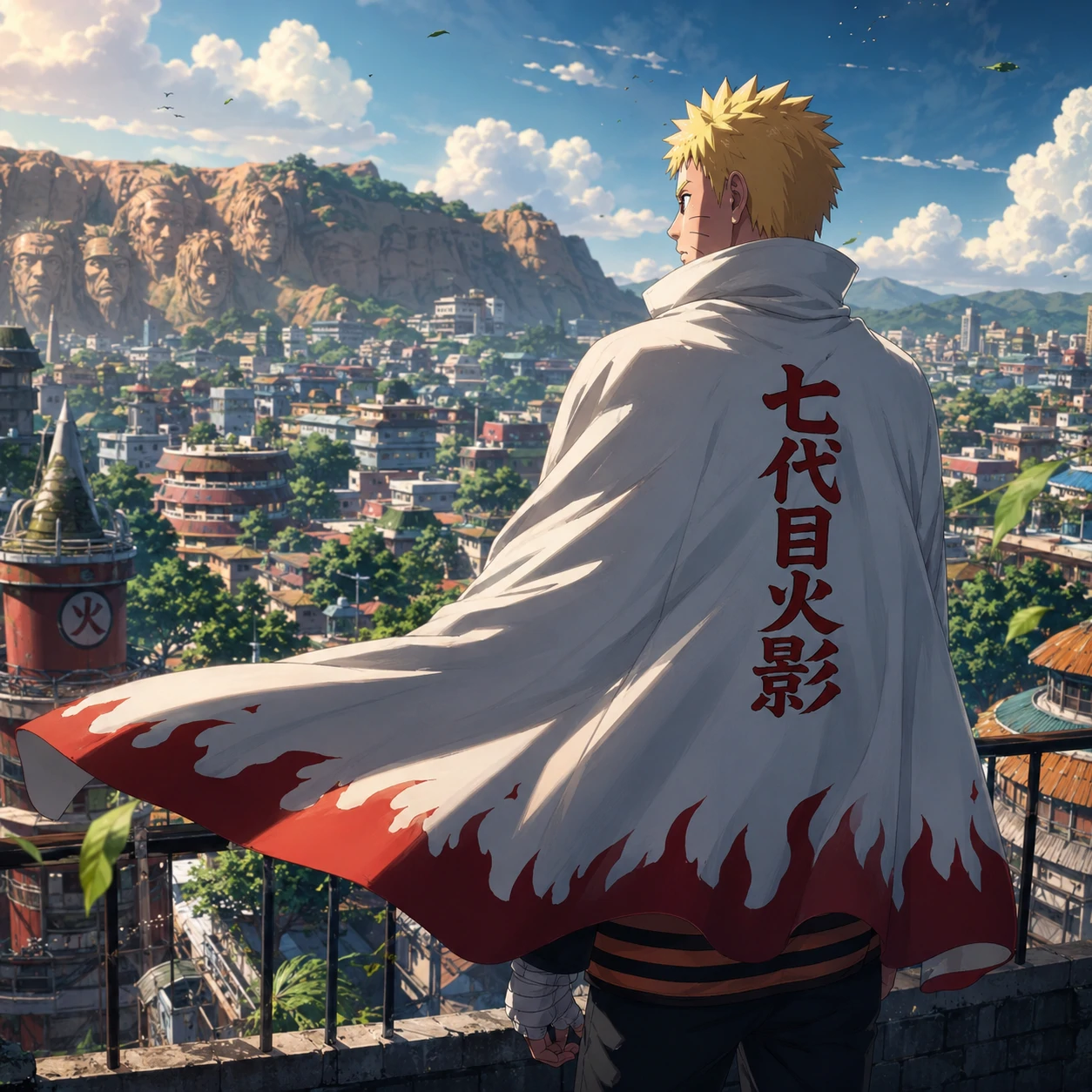 Aesthetic 4K Naruto PFP in Hokage cape with detailed Konoha skyline