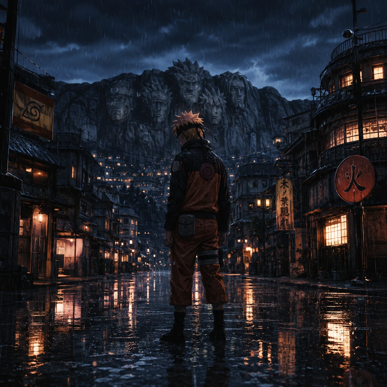 Aesthetic 4K Naruto PFP standing in the rain with reflective wet ground