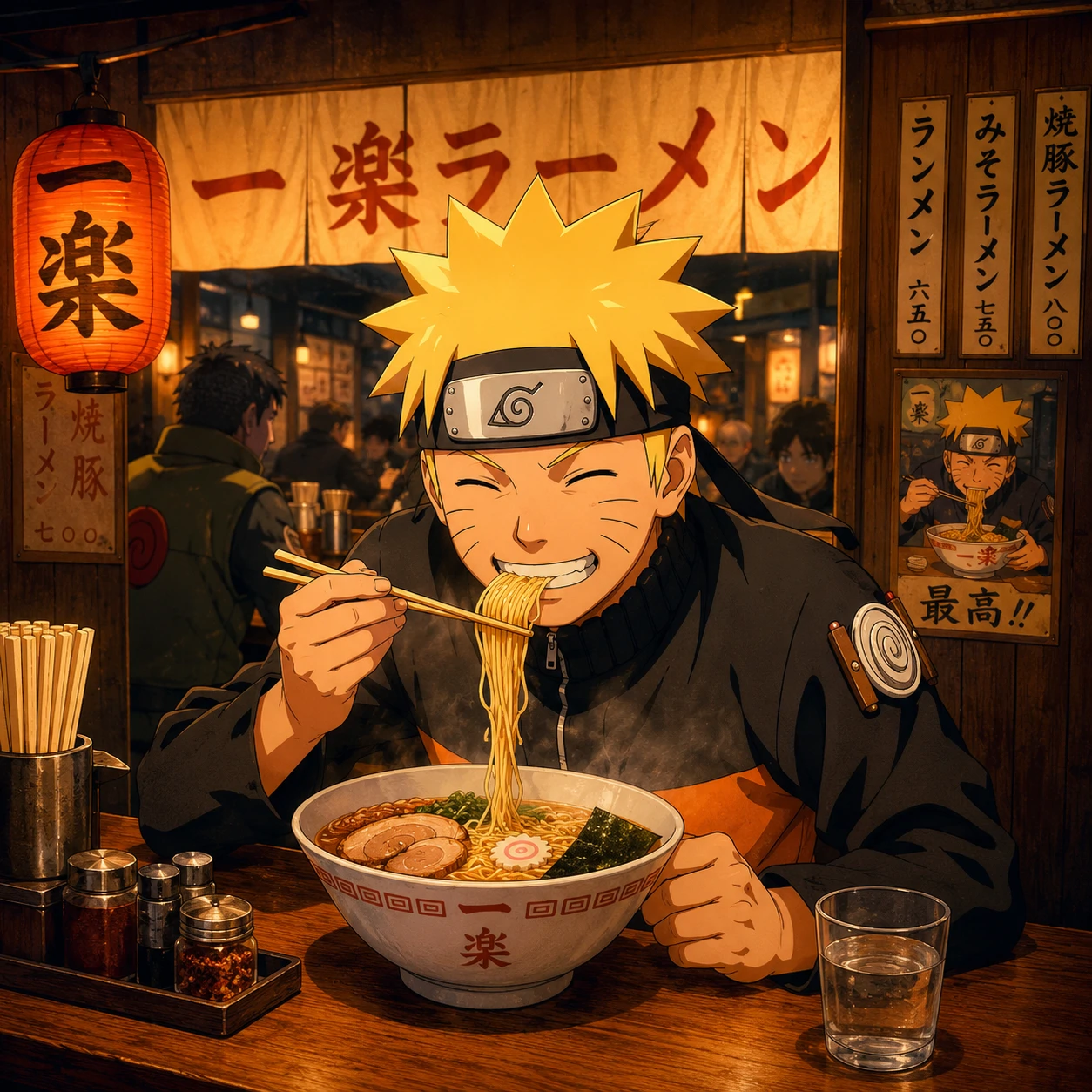 Aesthetic 4K Naruto PFP eating ramen at Ichiraku with warm interior lighting