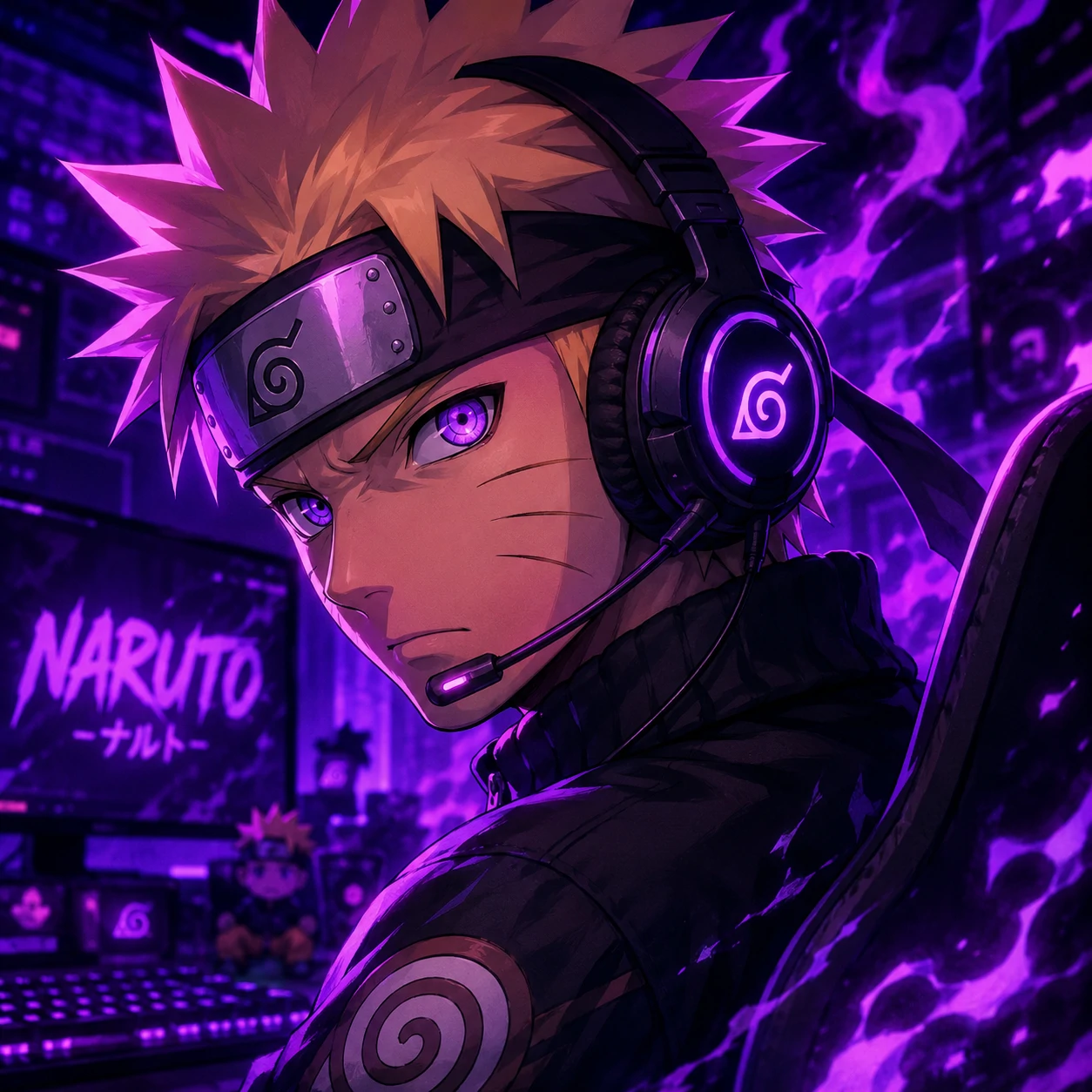 Naruto PFP for Discord edit with gaming headset and neon purple lighting