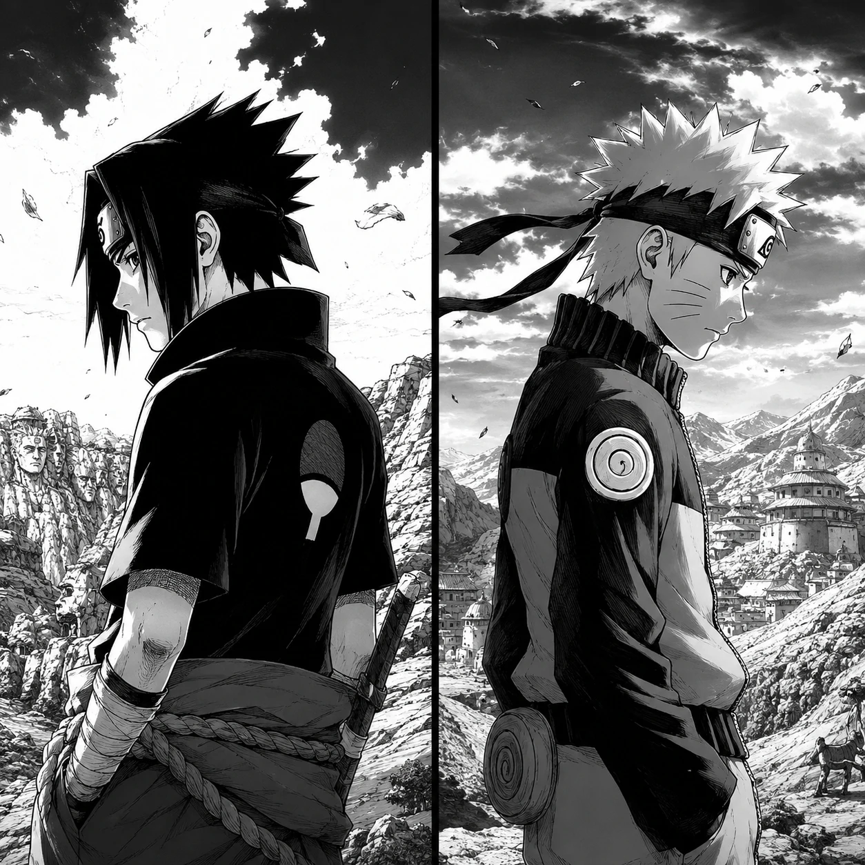 Black and white manga-style matching PFP of Naruto and Sasuke facing away
