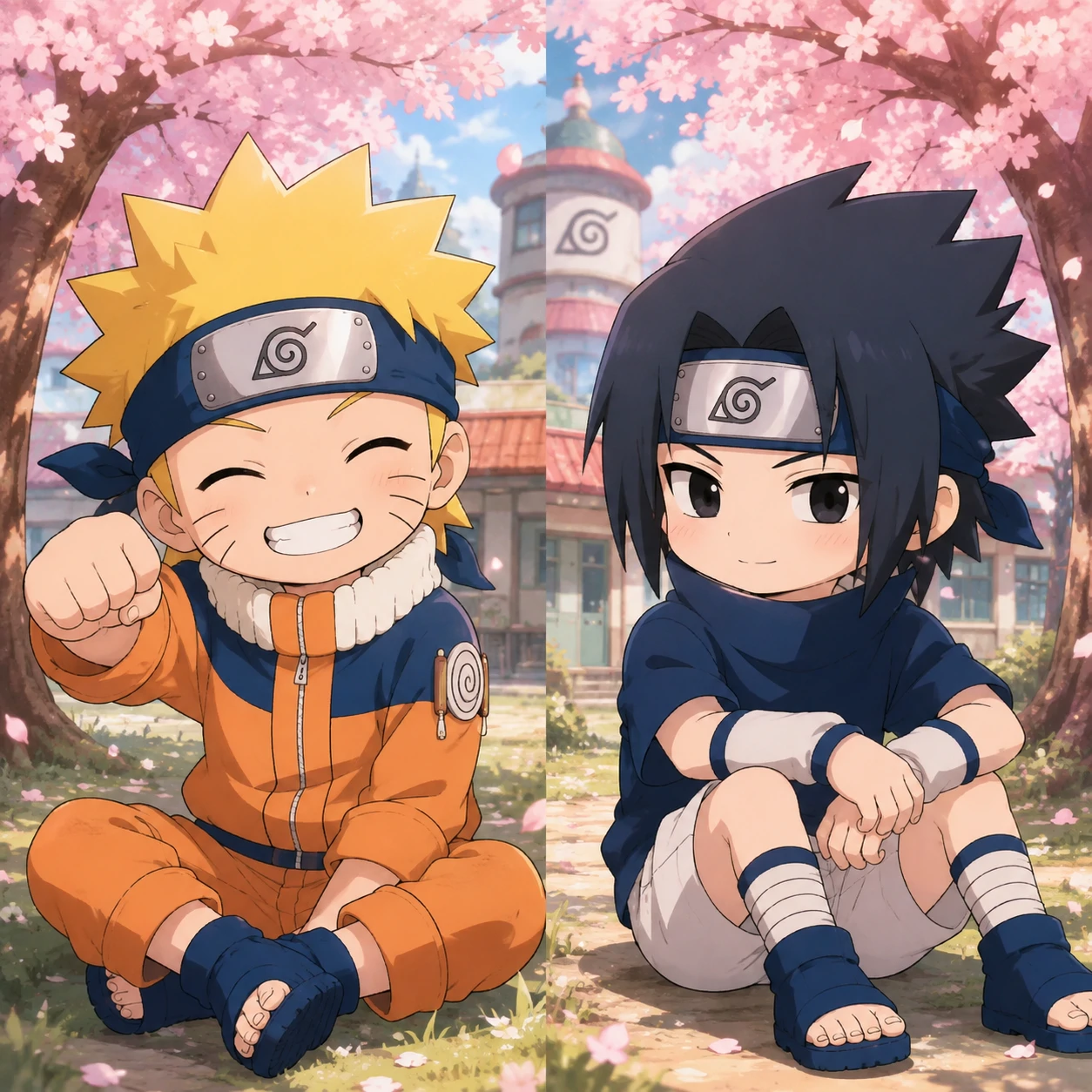 Kid Naruto and Sasuke matching PFP in soft chibi Academy style
