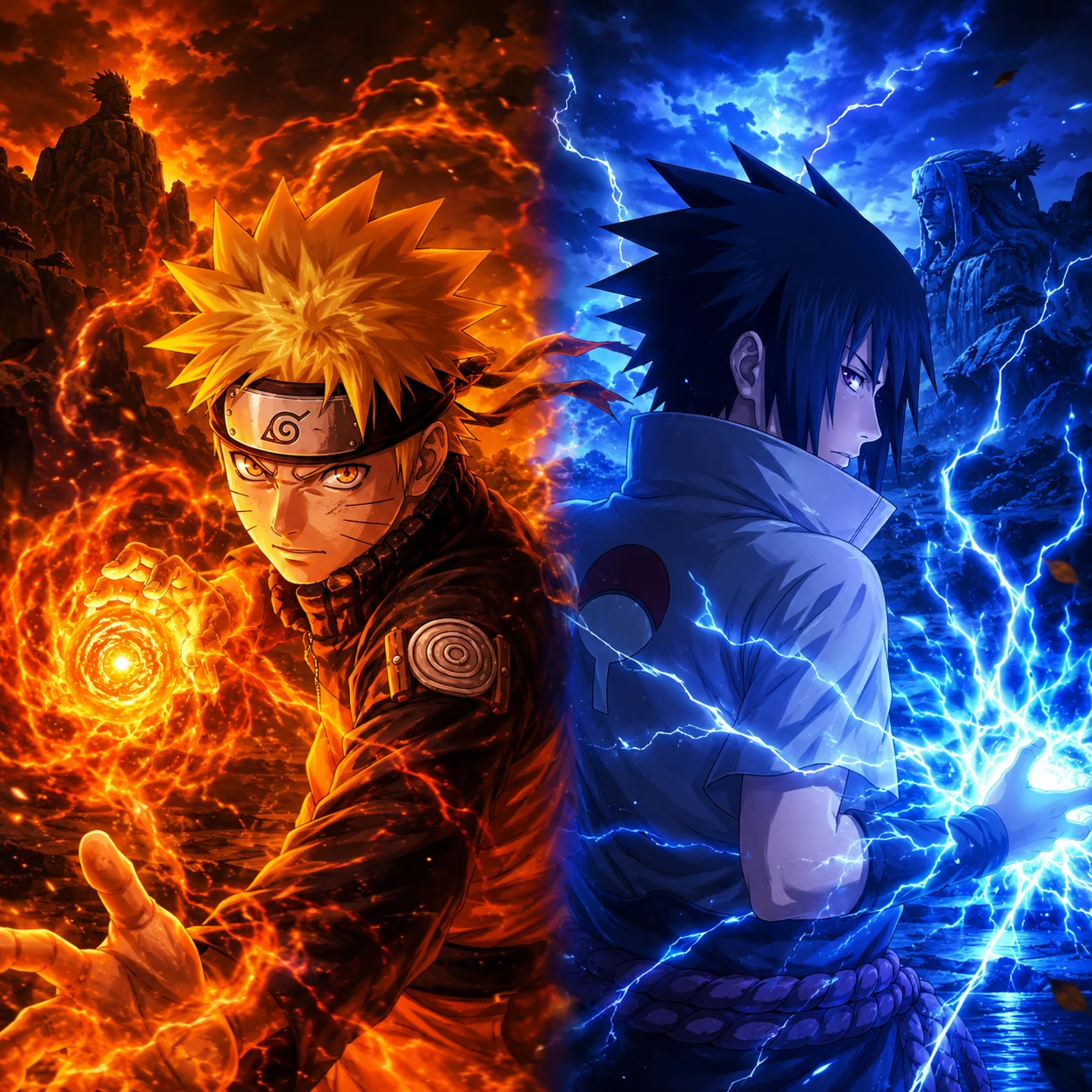 Naruto and Sasuke matching PFP with orange and blue chakra color split