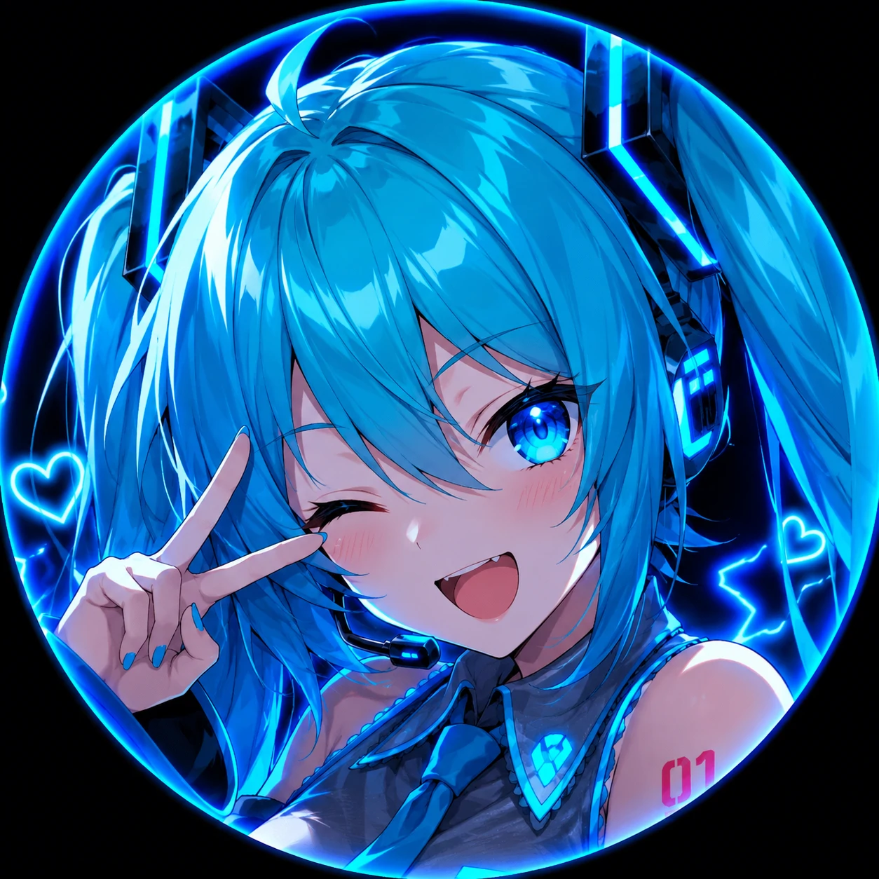 Discord Miku icon with neon blue glow, close crop, and strong anime expression