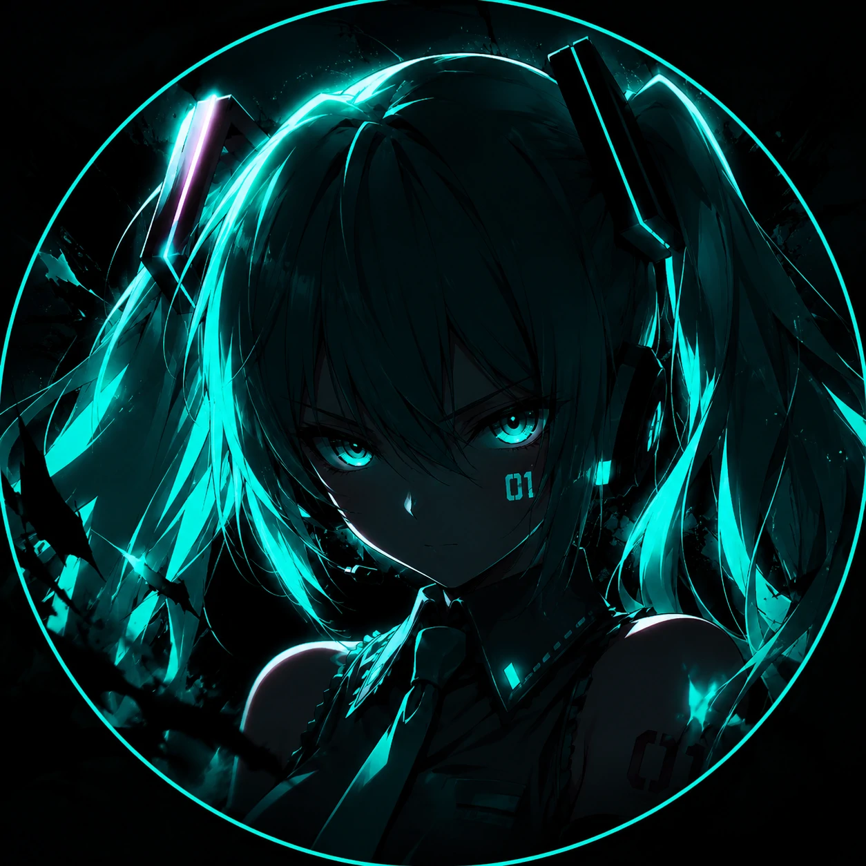 Dark Miku pfp with neon shadows, glowing teal hair, and intense anime stare
