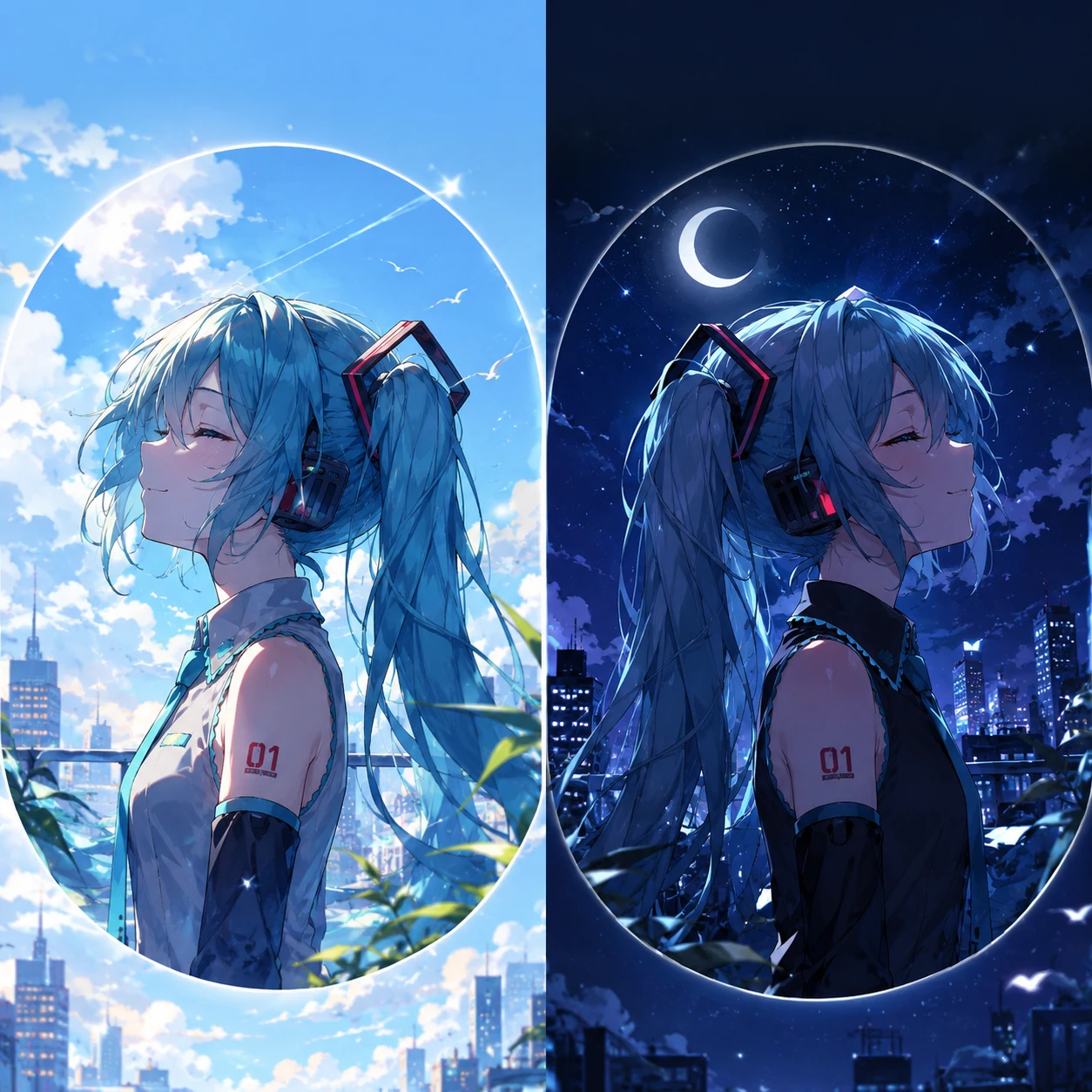 Matching Miku pfp pair with day and night contrast in coordinated anime art