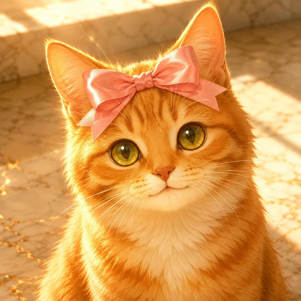 Cute marmalade orange cat pfp with pink bow in golden sunlight for warm Instagram profile