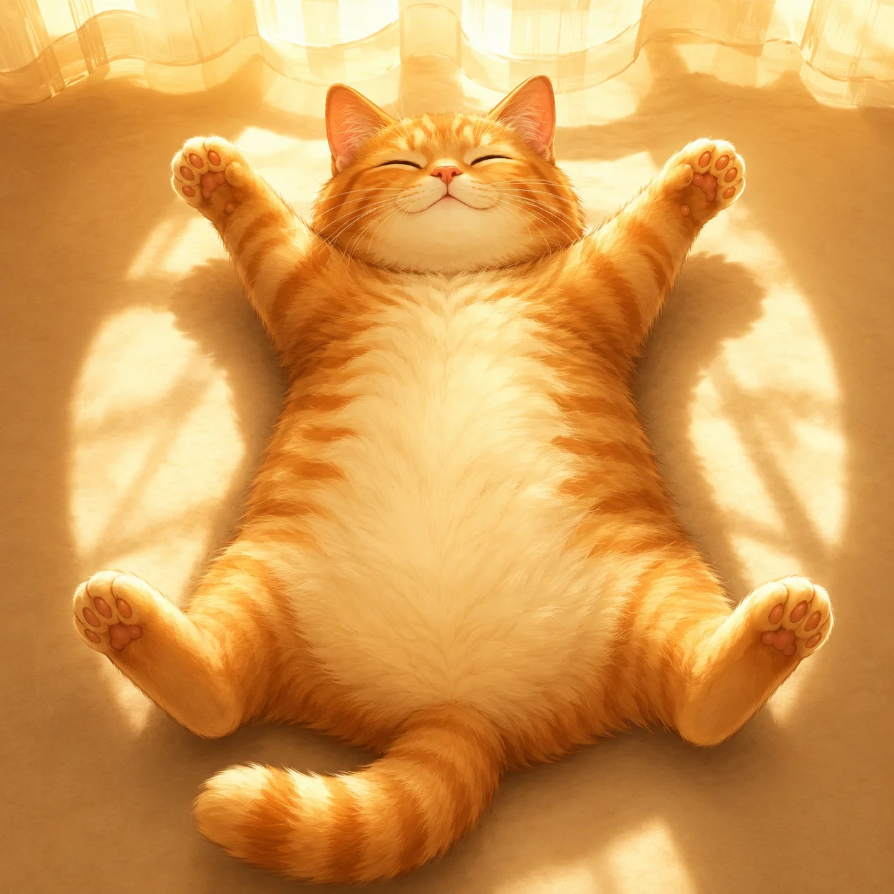 Belly-up stretching orange cat pfp in sunbeam for cozy lazy-day profile picture