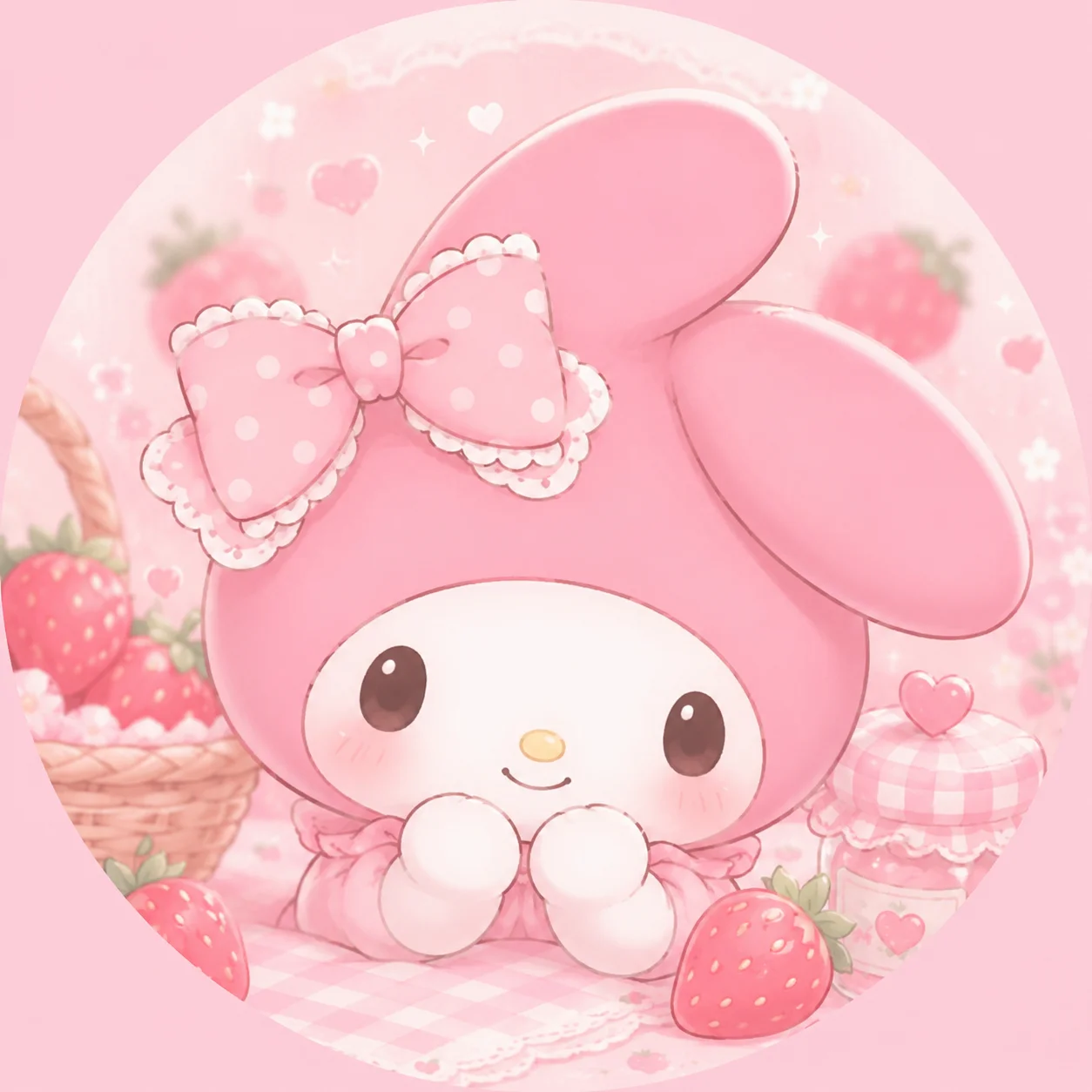 Pastel pink My Melody PFP with strawberry-sweet mood and soft pink lighting