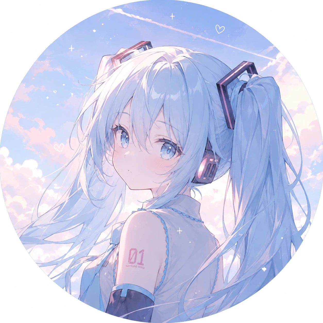 Hatsune Miku aesthetic pfp with pastel sky lighting and soft blue twin tails