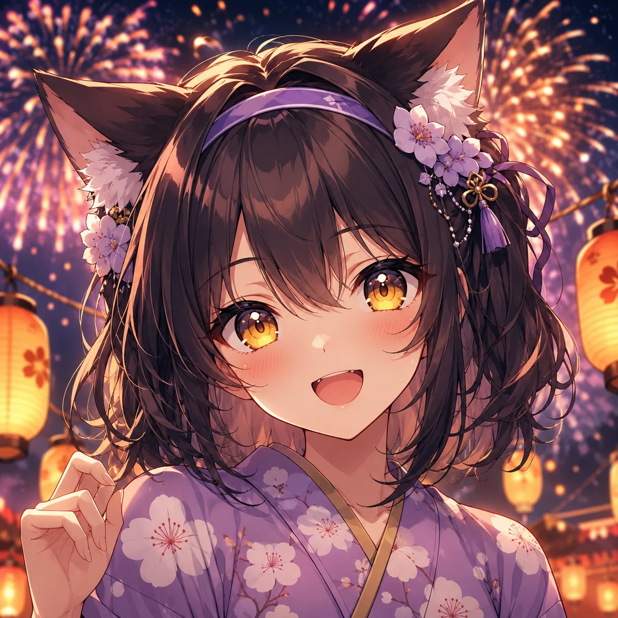 Festival yukata anime cat girl pfp with fireworks background for summer anime profile picture