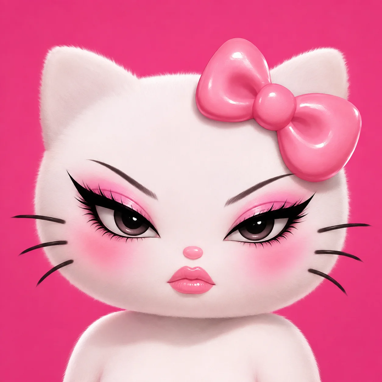 Pink baddie hello kitty pfp with sharp eyeliner stare for confident profile picture