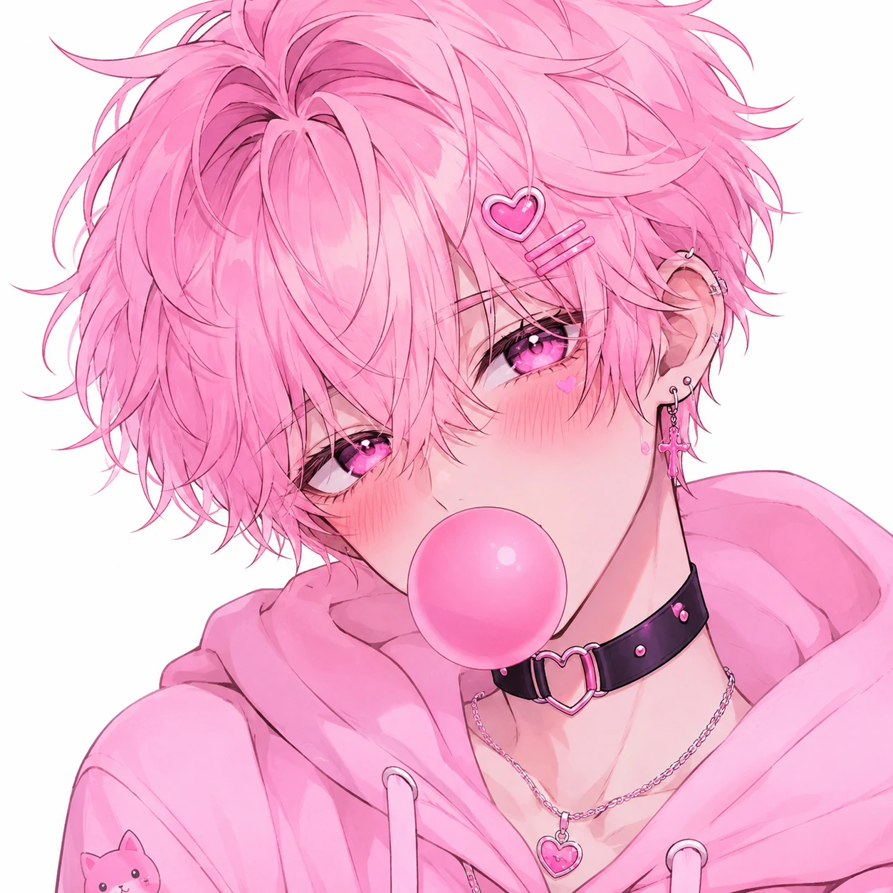 Pink femboy pfp with bubblegum hair, bright blush, and anime eyes