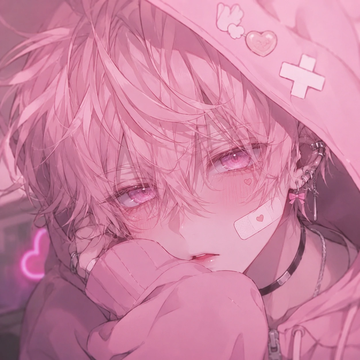 Pink femboy pfp with glossy eyes, soft filter, and pale blush cheeks