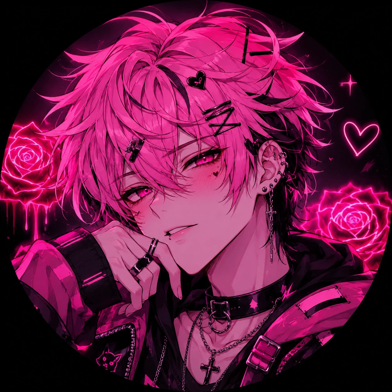 Neon rose pink femboy pfp with dark outlines and confident expression