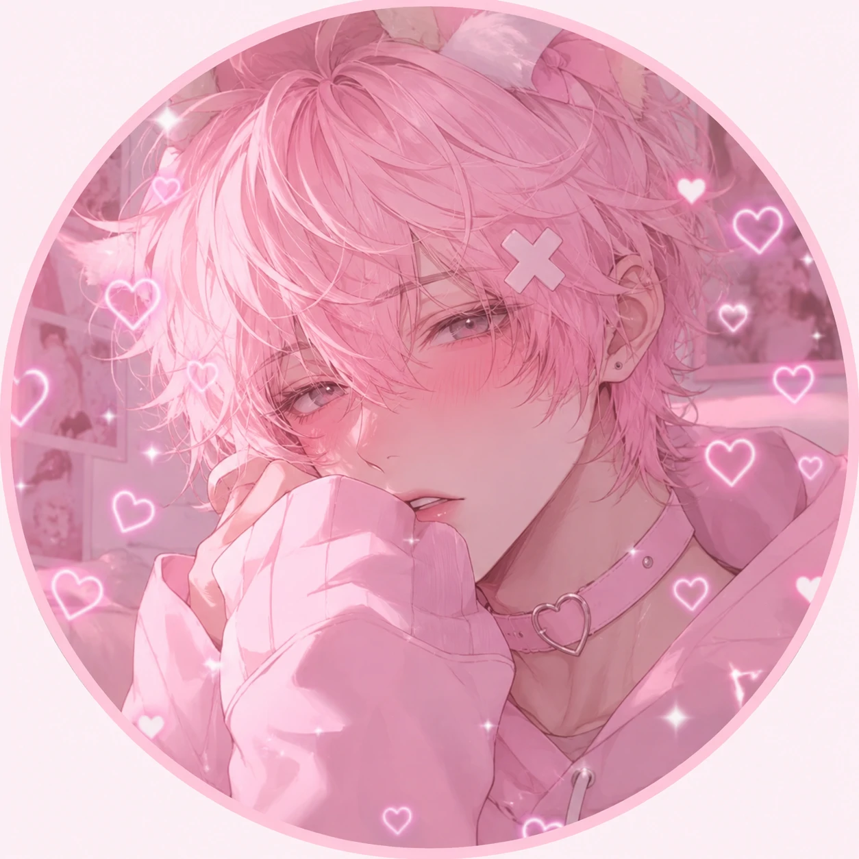 Pastel pink femboy profile picture with heart overlay and soft lighting