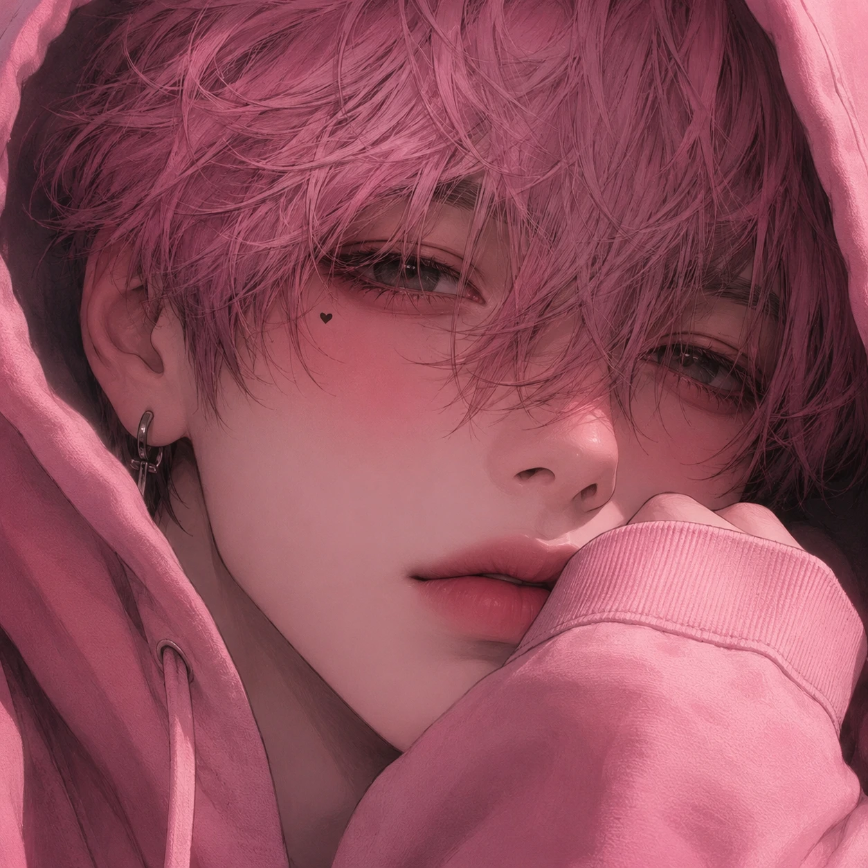 Pink femboy pfp in rose hoodie with close-up face crop