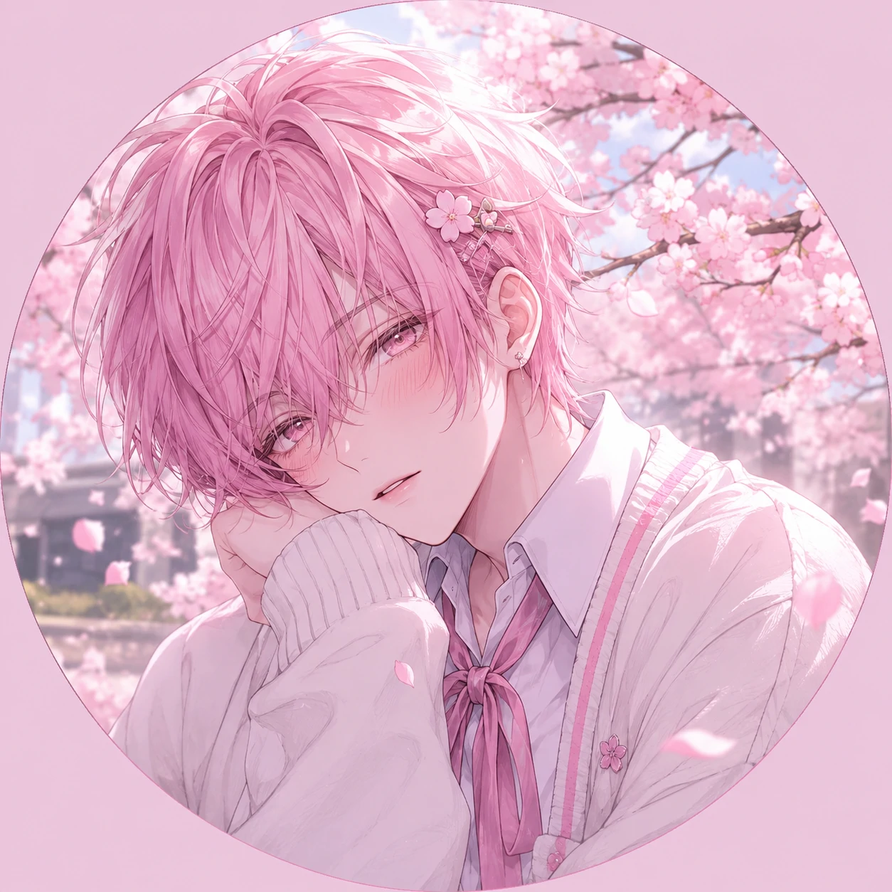 Pink femboy pfp with sakura background and white cardigan styling