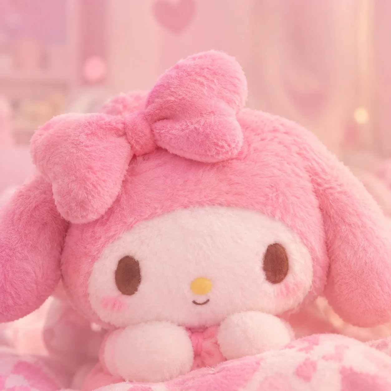 Pink plush My Melody avatar with soft focus and gentle pastel background