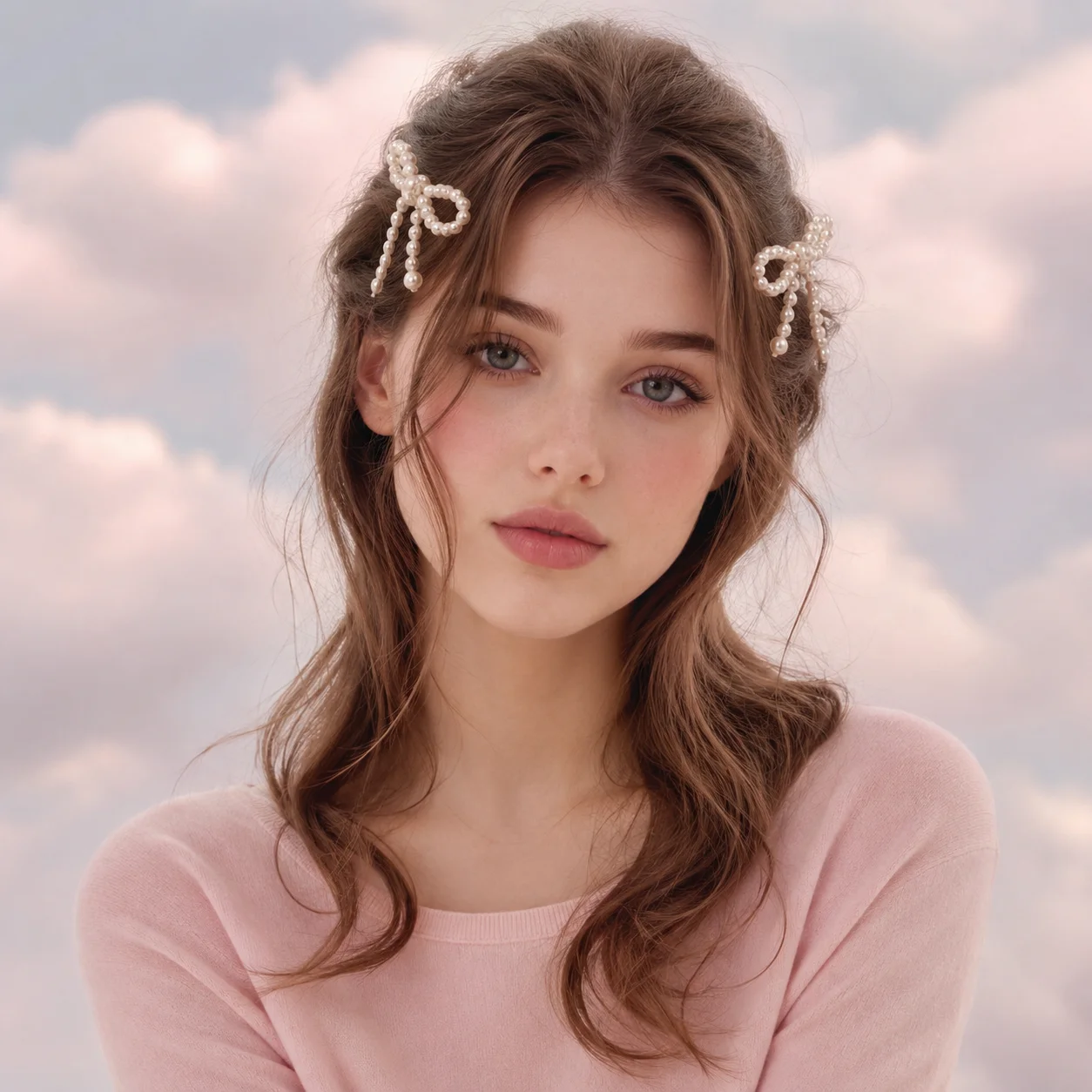 Pink preppy profile picture with pearl bows and soft cloudy background for cute online use