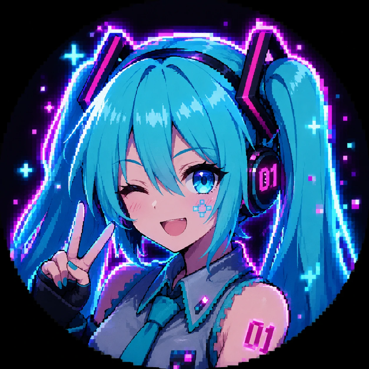 Discord Miku profile picture with pixel glow, sharp crop, and cyber anime accents